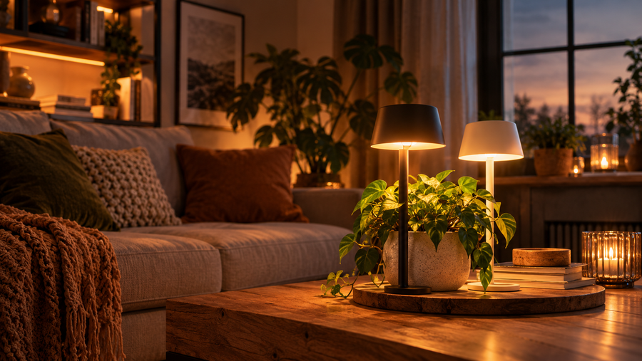 Salon le soir éclairé par des lampes sans fil