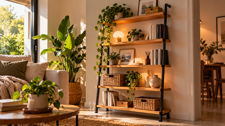 Étagère murale en bois garnie de plantes et d'objets