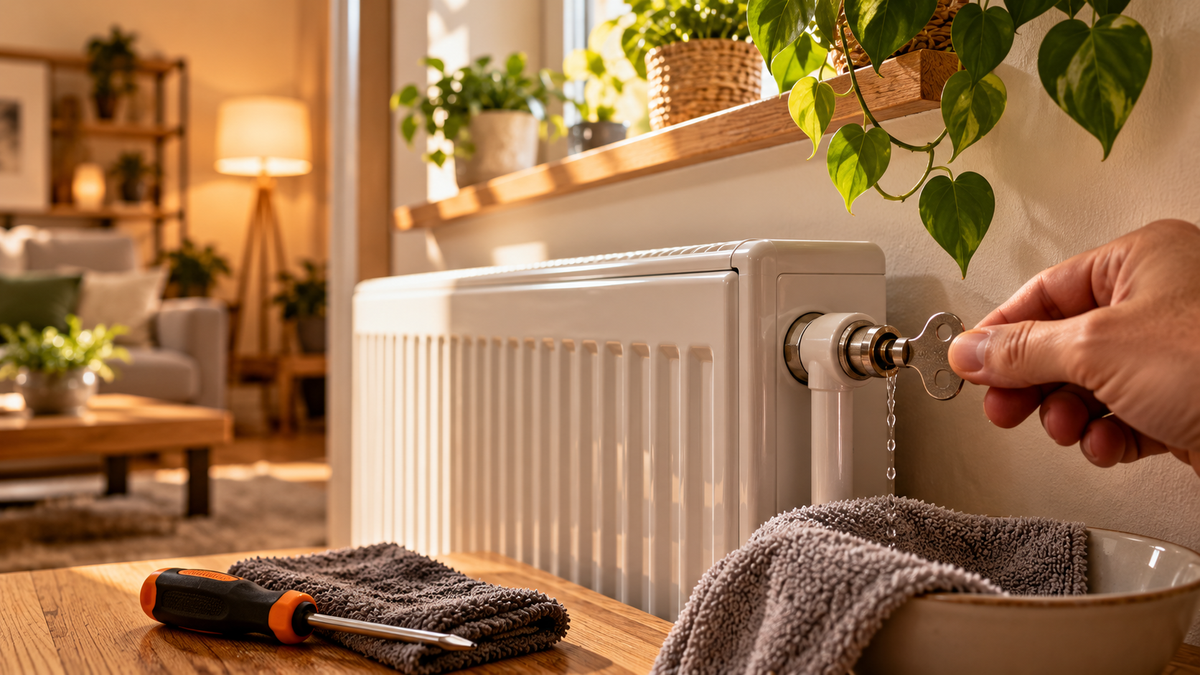 Purge d'un radiateur avec une clé et un récipient