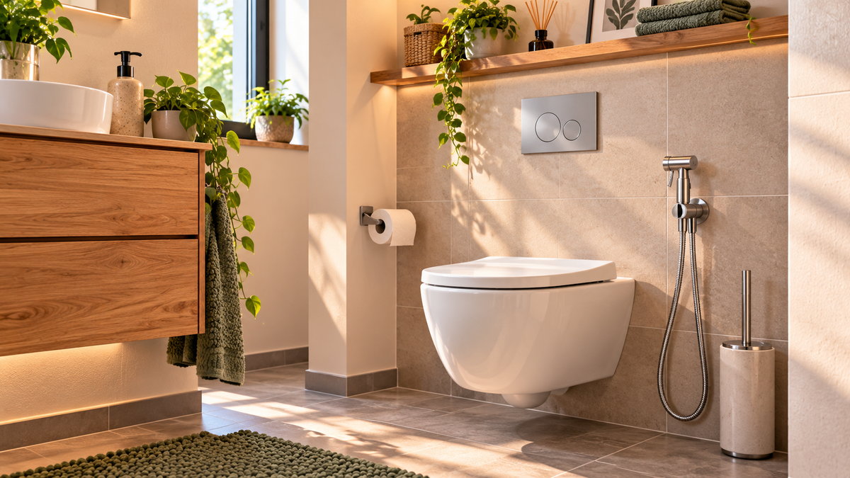 WC suspendu avec douchette fixée sur le côté