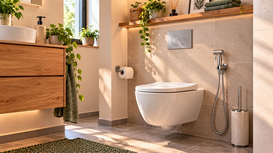 WC suspendu avec douchette fixée sur le côté