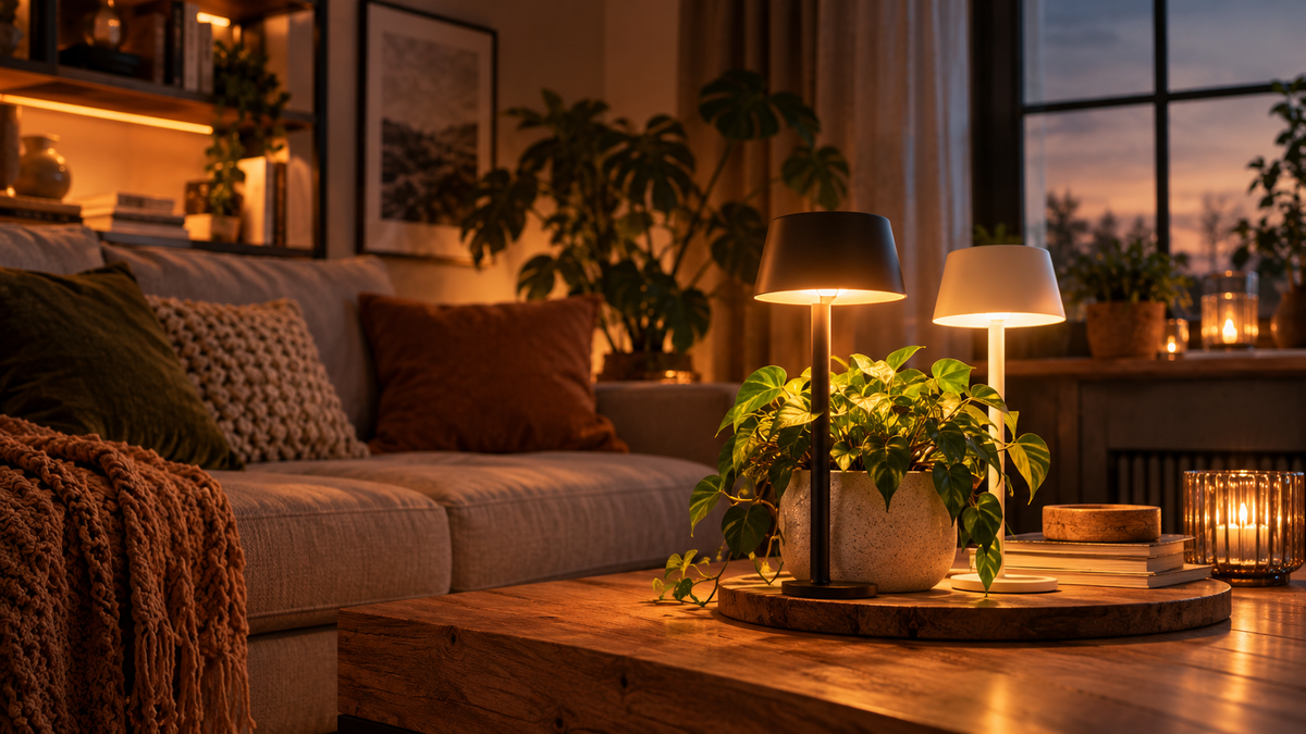 Salon le soir éclairé par des lampes sans fil