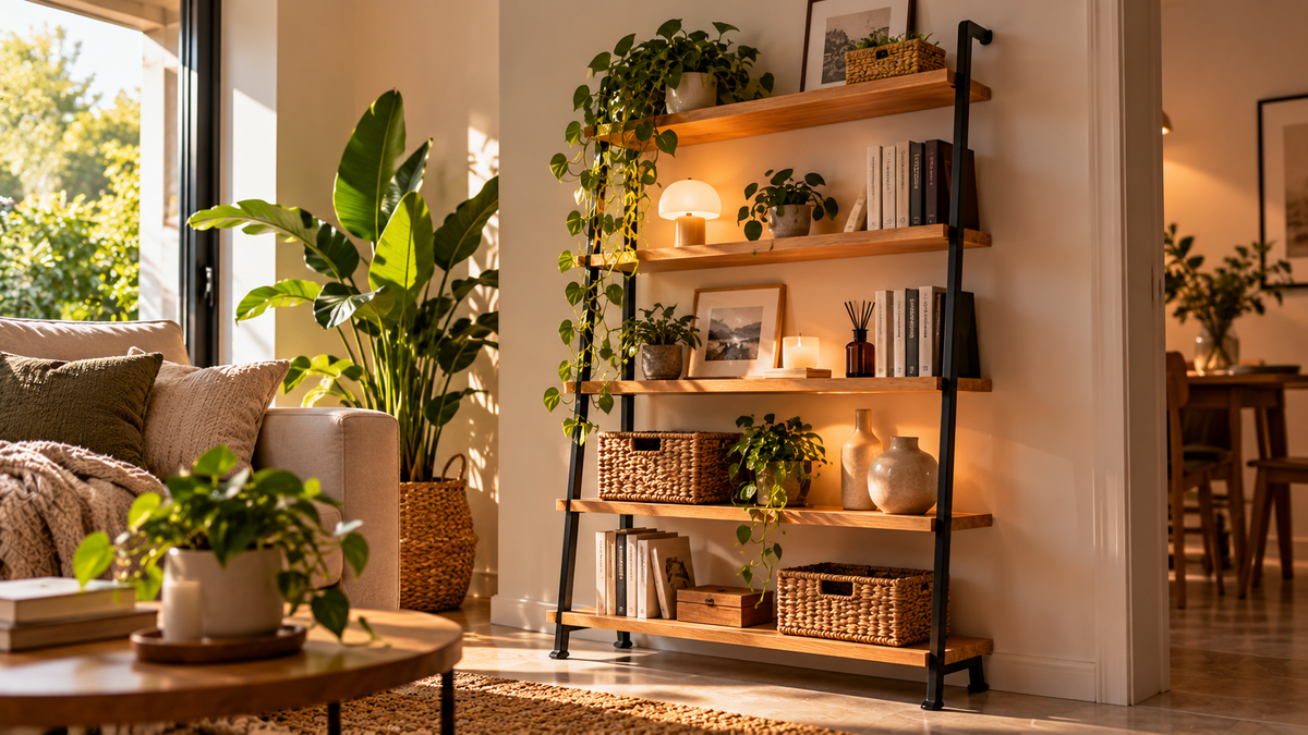 Étagère murale en bois garnie de plantes et d'objets