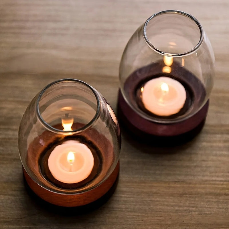 Photophore en verre sur pied bois