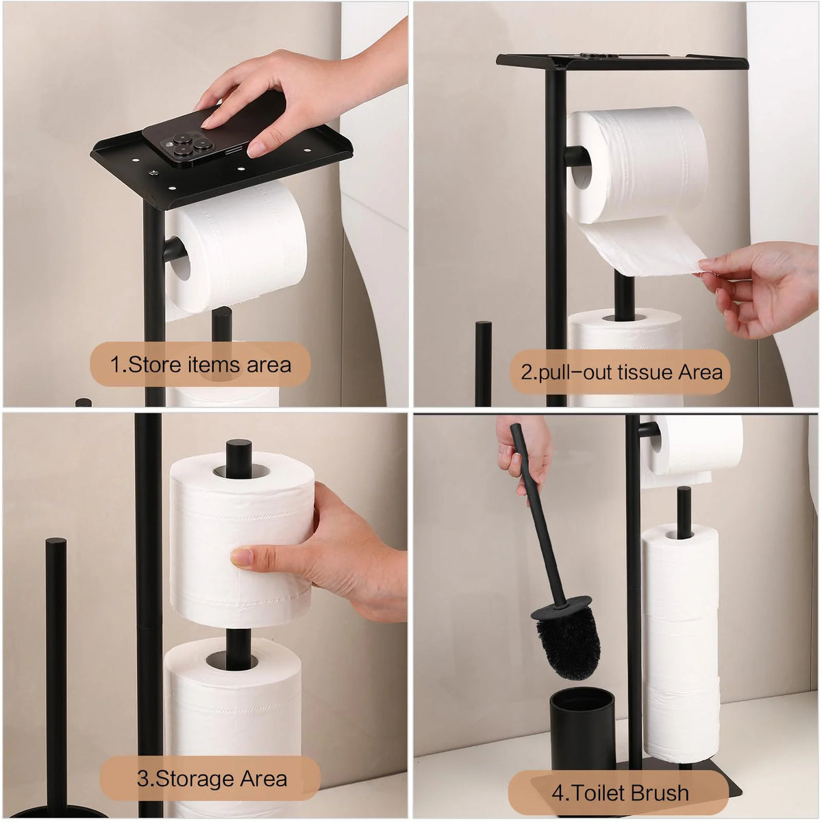 Ensemble WC sur pied, porte-rouleau et brosse, noir