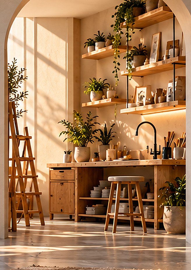 Cuisine décorée, planches en bois et plantes